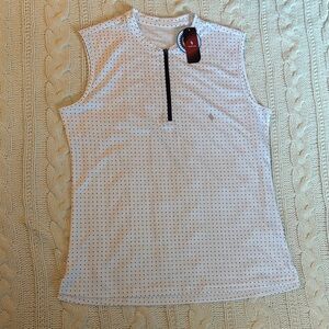 Sleeveless White Tank with Polka Dot Print and Front Zip